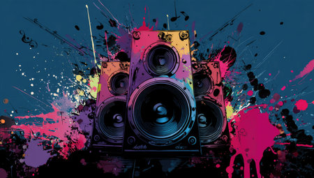 This illustration features multiple loudspeakers set against a backdrop of colorful paint splatters. The composition uses bright hues and dynamic shapes creating an energetic and artistic feel. The image could be suitable for music-related projects, promotional materials, or various design applications. It offers a visually striking aesthetic.の素材