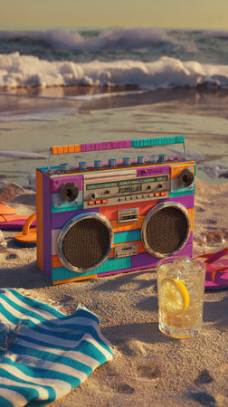 A vibrant boombox sits on a sandy beach near the ocean. The colorful device is placed alongside a glass of a cold drink, and a towel. The scene features warm lighting. Suitable for usage in advertisement or editorial content, this picture depicts summer vibes.の素材