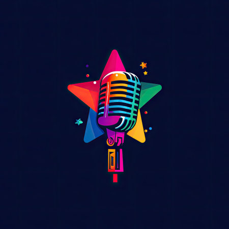 A vibrant digital illustration presents a microphone set against a multi-colored starburst. The image employs bold hues, creating a visually dynamic effect. The style hints at a modern aesthetic with the design likely suitable for various creative projects. It is ideal for commercial applications such as marketing and advertising.の素材