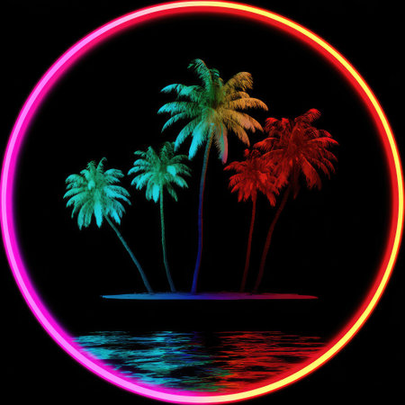 This graphic showcases several vibrant palm trees in a neon-like style, set within a glowing circle. The composition features a dark background, enhancing the brightness of the trees. The image's color palette creates a visual contrast. It could be suitable for various design projects, including digital art and promotional materials.の素材