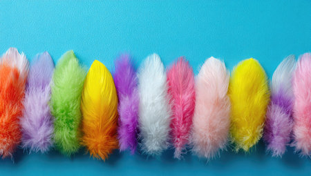 An assortment of brightly colored feathers are neatly arranged against a solid blue backdrop. The image showcases a range of hues, including orange, green, yellow, and purple. The composition features soft textures and a clean, direct lighting style suitable for various design projects and visual content.の素材
