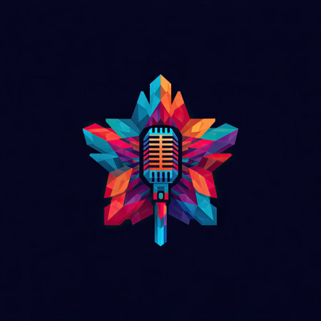 An artistic emblem features a detailed microphone at the center, surrounded by a vibrant, multi-colored star composed of geometric shapes. The composition displays a gradient of colors including blues, reds, and yellows. The design is set against a dark backdrop, creating visual contrast, suitable for various promotional and creative usages.の素材
