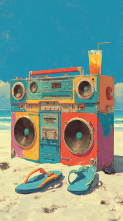 A vibrant image depicts a vintage boombox on a sandy beach, accompanied by a refreshing beverage and sandals. The scene features bright colors, contrasting textures, and a clear sky suggesting a summer setting. This illustration may be suitable for advertising, social media, or editorial content.の素材