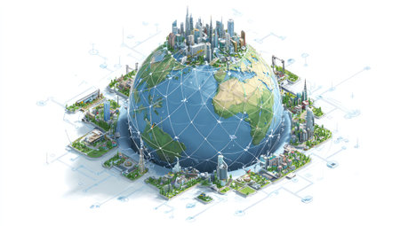An illustrated globe depicts a cityscape representing a global network. Various buildings and structures surround the sphere, connected by a grid. The composition showcases a combination of green, blue, and white colors in a modern style. Suitable for representing concepts like technology, infrastructure, and worldwide interaction.の素材
