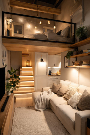 This interior photograph showcases a modern living space featuring a loft bedroom and a living area. Soft beige tones dominate the scene, with warm lighting highlighting the textures of the furniture and wooden architectural elements. The composition creates a sense of depth and invites viewers to imagine residential or commercial design possibilities.の素材