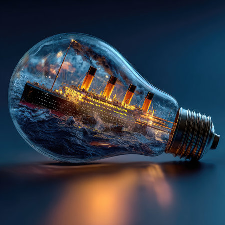 An artistic composition displays a ship contained within a transparent light bulb. The vessel rests in turbulent waters, captured in a detailed, surreal style. The lighting highlights the ship and the bulb's interior. This image might be suited for illustrating innovation or concepts related to energy and ideas in various applications.の素材