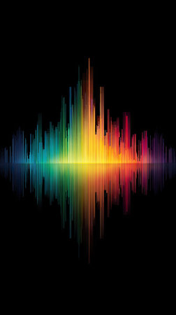 A vibrant digital graphic presents a multicolored sound wave, set against a stark black backdrop. The image utilizes a spectrum of colors, transitioning across the visual field. This graphic could be used for illustrative purposes in various projects, including technology, design, or music-related concepts.の素材