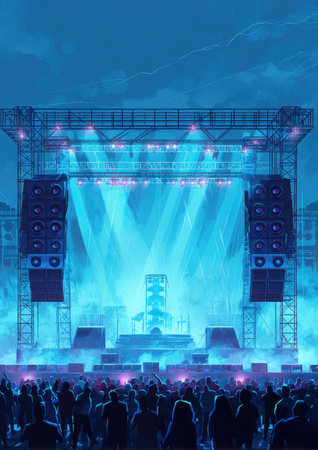 A digital illustration presents a concert stage with intense blue lighting. Silhouetted figures of an audience fill the foreground. The composition highlights the stage structure with speaker arrays. Ideal for commercial applications related to music events or entertainment industry visuals.の素材