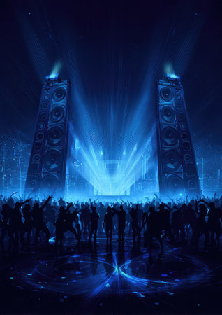 A vibrant digital illustration captures a crowd silhouetted against a dynamic stage. The composition features towering speakers and bright lighting, creating a high-energy atmosphere. Dominant blue tones and beams of light emphasize the event. Suitable for editorial and commercial use, this image evokes music and celebration.の素材