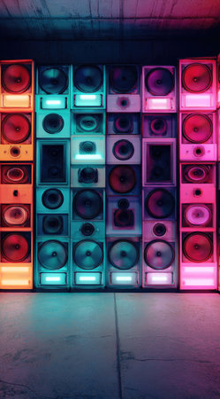 A wall composed of numerous speakers stacked together, featuring vibrant lighting. The composition displays a range of colors, including pink, orange, and blue hues, creating a visually dynamic scene. It evokes an indoor setting with potential uses in music, entertainment, and design projects.の素材