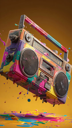 A vibrant illustration features a retro boombox, vividly splattered with colorful paint. The artwork utilizes a dynamic perspective and a contrasting yellow backdrop. Its lively style and modern execution suggest potential applications in advertising, graphic design projects, and decorative purposes across diverse mediums.の素材
