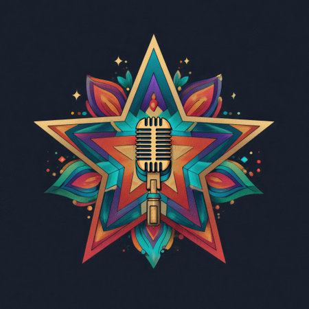 An artistic illustration presents a star shape housing a vintage microphone. The vibrant design features a palette of warm and cool colors with intricate detailing. The graphic style employs a symmetrical composition and dynamic lighting suggesting a performance-based context. Suitable for various creative and promotional applications.の素材