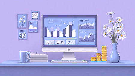 A computer monitor showcases data charts, set on a table with a stack of coins and a vase of flowers. The scene presents a light, clean aesthetic with shades of purple and white. This image could be used in business reports, infographics, or other commercial projects.の素材