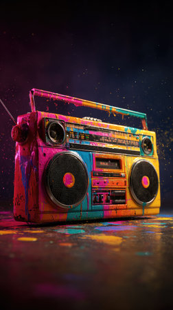 A retro boombox is depicted with vivid colors and paint splatters, suggesting creative expression. The composition showcases a detailed view against a dark background, highlighting the device's design. This artwork could be used for advertising, graphic design, and artistic projects.の素材