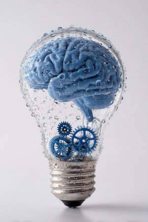 This conceptual image depicts a blue human brain enclosed within a clear light bulb, with small gears positioned at the bottom. The composition features a neutral background and uses artificial lighting, providing a clean, modern aesthetic. Suitable for various editorial and commercial applications, the image evokes ideas about innovation and technology.の素材