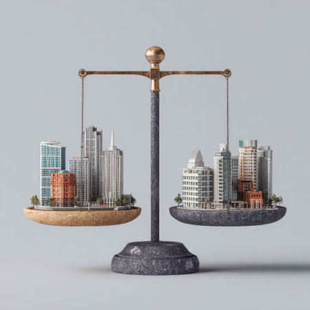 A conceptual illustration features a balance scale with miniature cityscapes on each side. The image showcases detailed architectural elements, with various colors and textures. It is composed against a neutral background with soft lighting, suggesting a metaphorical representation of urban themes suitable for diverse editorial or commercial applications.の素材