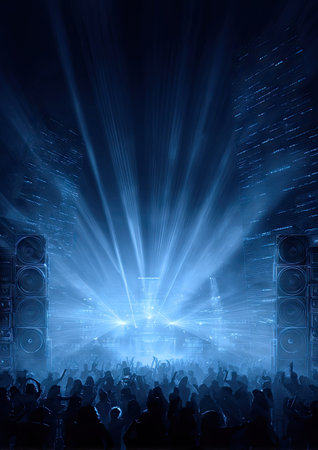 A concert stage is bathed in blue light beams, creating a vibrant and dynamic atmosphere. Silhouetted figures of an audience add to the visual interest. The composition features strong overhead lighting and a darkened foreground. This image is suitable for promotional materials or editorial content.の素材