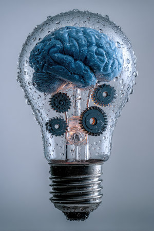 This image features a lightbulb enclosing a human brain and gears. The composition is brightly lit with a neutral background. The visual details include a realistic style with a blue brain, several mechanical gears, and water droplets on the surface. This image is suited for diverse commercial applications related to innovation and conceptual thinking.の素材