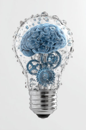 An illustrated lightbulb contains a blue brain and mechanical gears, suggesting ideas or innovation. The image features a bright, clean style with a focus on details. It could be used in projects related to education, technology, or business concepts, and offers possibilities for advertising or editorial purposes.の素材