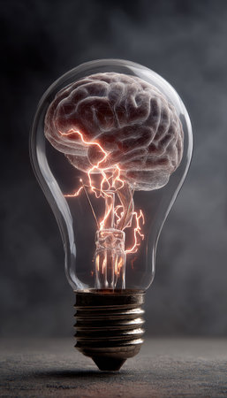This image showcases a human brain encapsulated within a transparent light bulb, emitting a vibrant glow. The composition features a dark backdrop, emphasizing the bright subject. The visual style uses sharp focus, and could be suitable for illustrating innovative ideas, scientific concepts, or creative thinking for various commercial or editorial applications.の素材