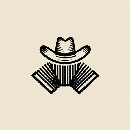 A simple black and white design showcases a cowboy hat above an accordion. The composition is stark with clear lines against a beige backdrop. It uses bold shapes for visual impact. Ideal for various projects, it could suit graphic design needs, commercial illustrations, or editorial use.の素材