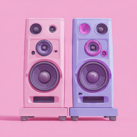 Two stylized stereo speakers stand tall against a solid pink background. One speaker is pink, the other purple. The composition features a symmetrical arrangement, with a focus on geometric forms and vibrant colors. The lighting is diffused, giving a soft, smooth appearance. Suitable for design, music, or technology-related projects.の素材