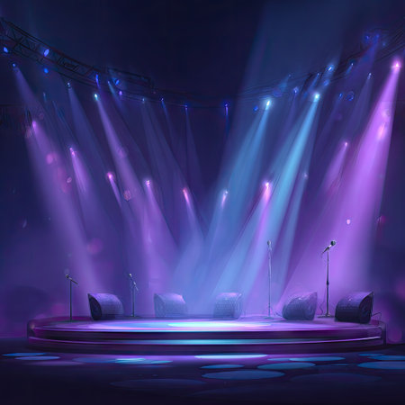 An illuminated concert stage features purple and blue spotlights emanating from above. The composition presents a circular stage with microphones and seating. The visual style is digitally rendered with a dramatic, stage-like composition, suitable for marketing and promotional uses.の素材