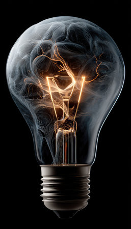 A lightbulb is rendered with a brain-shaped cloud of smoke inside, highlighted by a glowing filament. The image showcases a surreal concept, with contrasting textures and lighting against a dark backdrop. Suitable for visual concepts around ideas, innovation, and creative thought, useful for commercial and editorial purposes.の素材