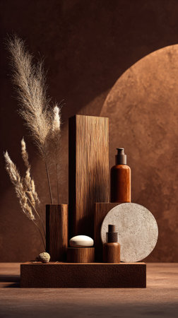 An arrangement of cosmetic products and decorative elements is presented against a textured background. The composition features various containers, wooden blocks, and dried plants. The color palette primarily includes brown and beige tones, enhanced by soft lighting. Suitable for advertising, product promotions, and lifestyle content.の素材