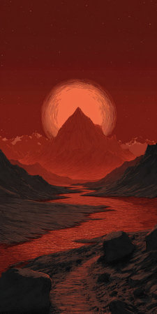 An illustration depicts a scenic landscape with mountains and a flowing river under a fiery red sky, reminiscent of a sunset. The composition features contrasting colors and textures, suggesting a stylized artistic approach. This image is suitable for a variety of uses, including illustrations in publications, and digital design.の素材