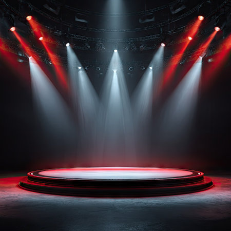 An empty stage is illuminated by a complex array of spotlights. The scene features a round platform, bathed in a combination of red and white light, creating a dramatic atmosphere. The contrasting colors, intense lighting, and darkened environment suggest a setting suitable for performances or presentations. This imagery can be used for various commercial or artistic purposes.の素材