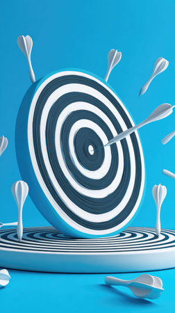 A dartboard with several darts is featured against a vibrant blue backdrop. The image showcases the dartboard's concentric circles and a direct hit on the target's center. The composition is clean with bright lighting and could be suitable for business, marketing, or goal achievement themes.の素材