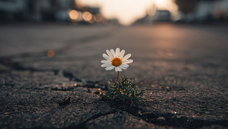A single daisy blossoms from a crack in asphalt, showcasing resilience. The image displays the flower with white petals and a yellow center, contrasting with the rough texture of the road. Soft sunlight illuminates the scene, suggesting an outdoor environment. This visual is suitable for conceptual themes in editorial and commercial projects.の素材