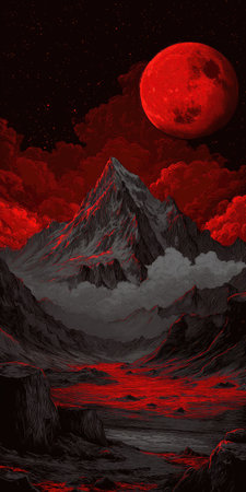 An artistic rendering showcases a mountain range beneath a red full moon, the sky and clouds imbued with a crimson hue. The composition features contrasting black and red tones, creating a sense of foreboding. This image could serve various purposes in visual communication or editorial contexts.の素材