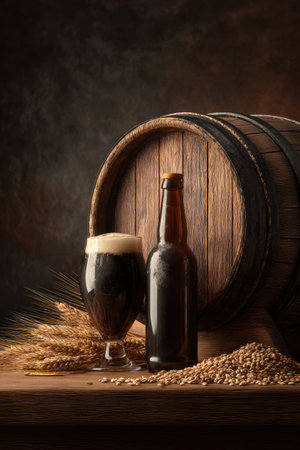 A glass of dark beer and a bottle sit on a wooden table alongside a wooden barrel and grain. The scene is illuminated by warm lighting, highlighting the textures of the wood and the rich colors of the beer. This image is suitable for use in promotional materials or editorial content.の素材