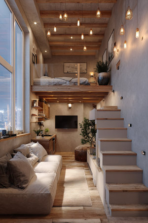 This interior photograph showcases a small, modern living space. It features a loft bed, a comfortable sofa, and a television. The scene is illuminated by warm, inviting lighting. The image suggests an indoor setting with natural light, suitable for a range of commercial and editorial purposes.の素材