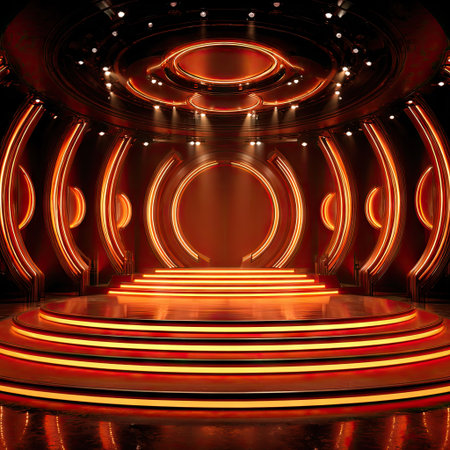 An empty stage features vibrant orange lighting and concentric circles, creating a futuristic setting. The composition showcases geometric forms and radial patterns. The lighting design suggests a performance space or a backdrop. This visual could be used in presentations, or creative editorial projects.の素材