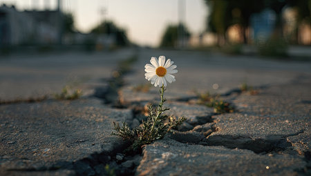A single daisy flower grows from a crack in a weathered concrete surface. The image showcases the flower with white petals and a yellow center, set against a blurred background. The composition features a natural outdoor environment with diffused lighting. Suitable for illustrating themes of resilience and growth.の素材