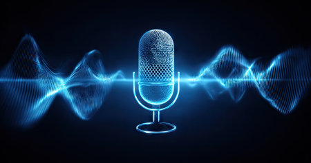 A close-up illustration displays a microphone emitting sound waves against a dark backdrop. The image features shades of blue, the graphic has a sleek and modern style, and offers a futuristic appeal. It is potentially suitable for use in presentations, articles, or marketing materials related to audio and communication.の素材