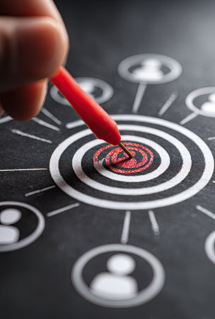 A close-up view presents a red dart striking the center of a target overlaid on a dark surface. The image incorporates white connecting lines and human-shaped icons. The lighting is focused, casting soft shadows. This graphic could be utilized in commercial projects, emphasizing concepts related to success and teamwork.の素材