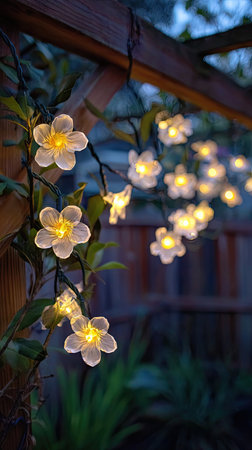 Floral-shaped lights adorn a wooden trellis with climbing plants. The image showcases the soft glow of the lights against the backdrop of a blurred fence, suggesting an outdoor setting at dusk. The warm illumination creates a charming ambiance. This image can be used for decorative projects.の素材