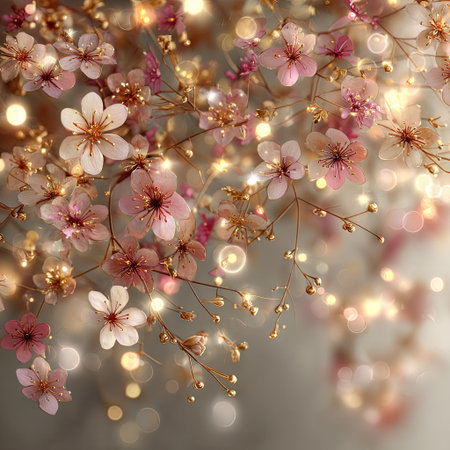 This image showcases delicate blossom branches featuring soft pink and golden hues. The composition highlights a close-up view with a focus on details. The lighting suggests a warm, ambient environment with potential applications for decorative purposes or editorial content.の素材