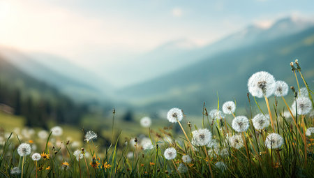 This image showcases dandelion flowers in a grassy field with a blurred mountain range in the background. The scene displays soft lighting, with hints of green and blue dominating the color palette. It suggests a peaceful outdoor environment, suitable for various editorial and commercial projects that require serene visuals.の素材