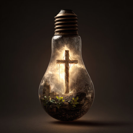 An artistic image presents a cross illuminated within a lightbulb, set against a dark backdrop. The composition features a wooden cross casting a glow. The image uses soft lighting and shadows, and may be used to represent religious or spiritual concepts. The image is suitable for commercial and editorial purposes.の素材
