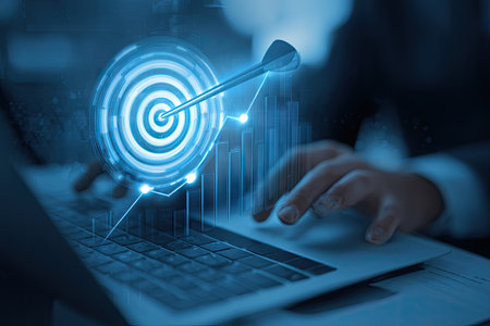 A dart pierces a digital target on a laptop screen, depicting business objectives and achievement. The image features a blue color scheme with graphic elements representing growth. It suggests concepts of focus, strategy, and progress, suitable for commercial applications related to business or technology.の素材