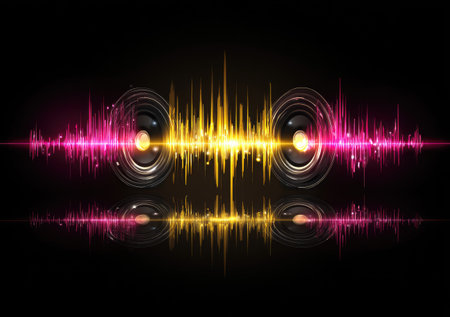 This image features two speakers with emanating sound waves displayed against a dark backdrop. The visual characteristics include vibrant pink and gold colors, creating a dynamic effect. The composition uses symmetrical arrangement and highlights digital sound processing, suitable for commercial projects.の素材