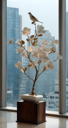 An elegant floral arrangement showcases white blossoms and a perched bird. The composition is set against a blurred background of a modern cityscape. The image features soft lighting and muted colors, suggesting indoor placement. This versatile image suits various commercial applications, including editorial and decorative purposes.の素材