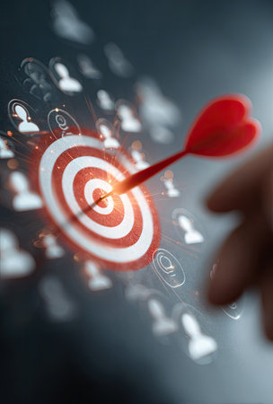 A red dart strikes the bullseye of a target, highlighting a business concept of achieving goals. The image features a shallow depth of field, with soft lighting illuminating the scene. The composition includes visual elements that suggest concepts like planning, strategy, and success. This image is suitable for various commercial uses.の素材