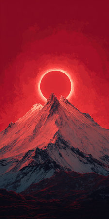 An artistic depiction presents a mountain with a red glowing sun overhead. The composition features a detailed mountain range, with vibrant red and contrasting dark hues. The image, reminiscent of digital art, might be used for graphic design projects or editorial content. The overall effect creates a sense of drama.の素材