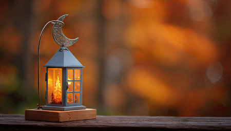 A decorative lantern with a crescent moon ornament rests on a wooden surface. The image showcases the lantern's design, including its glass panels and illuminated interior. The background features a blurred view of orange and green hues, suggesting an outdoor environment. This image is suitable for various commercial uses, including website design and editorial content.の素材